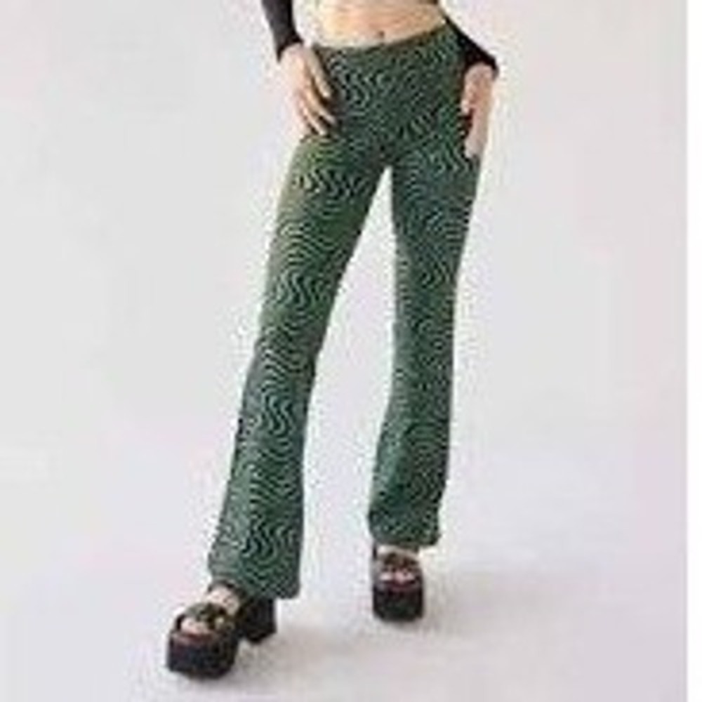 Urban Outfitters Flare Pants Women XS Green Black Swirl Psychedelic Retro Knit